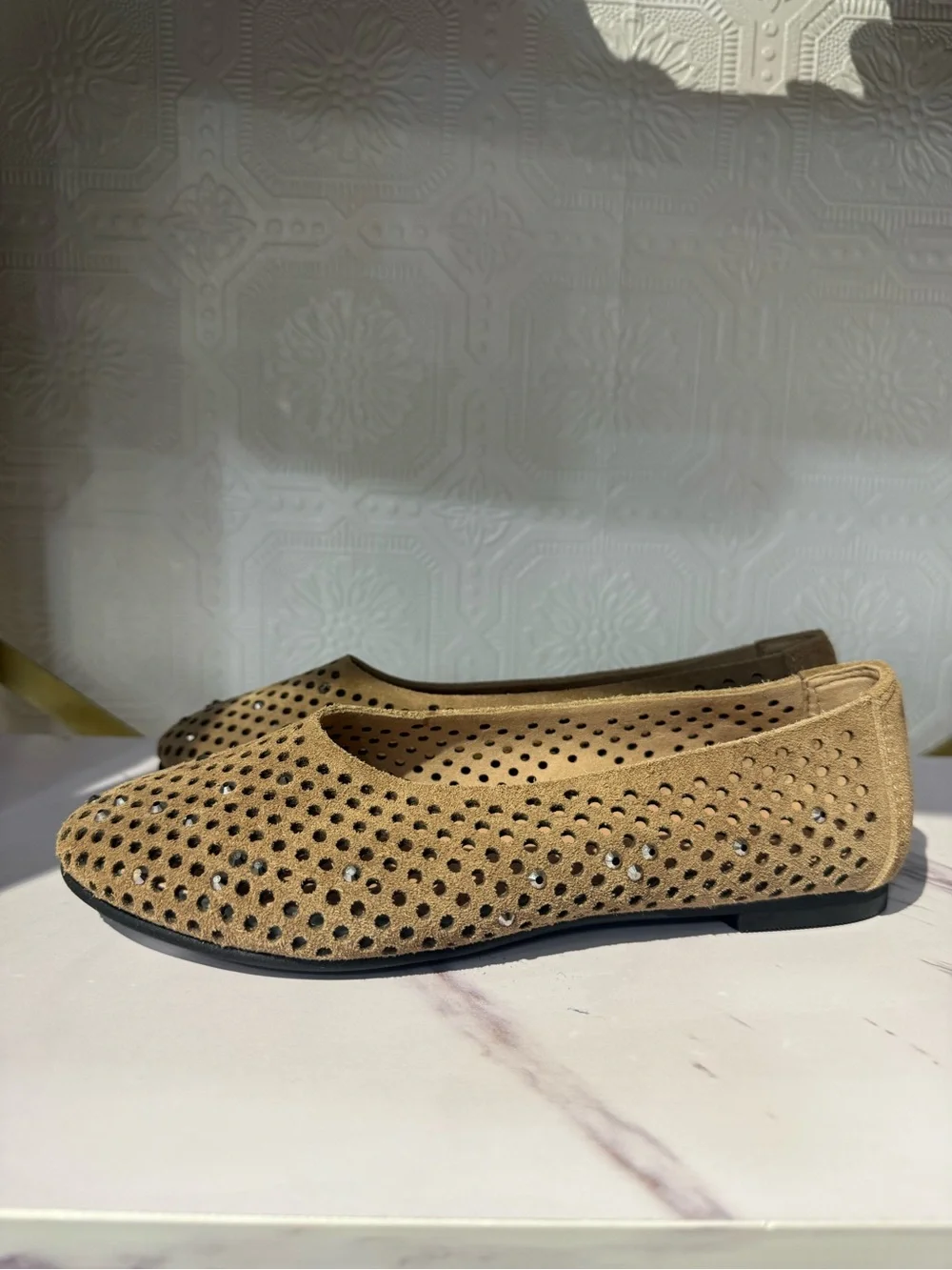 All Black Speckled Ballet - 261030 Women's Sparkly Suede Ballet Flats - Tan